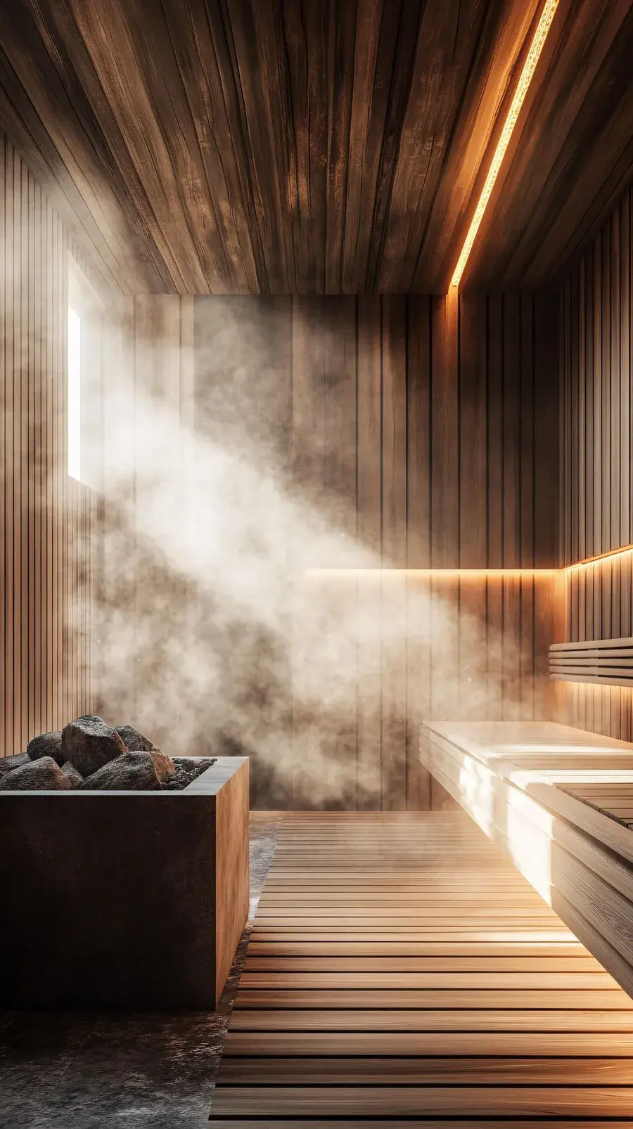 Steam rising in a wooden sauna lit by soft warm light, beside a stone heater